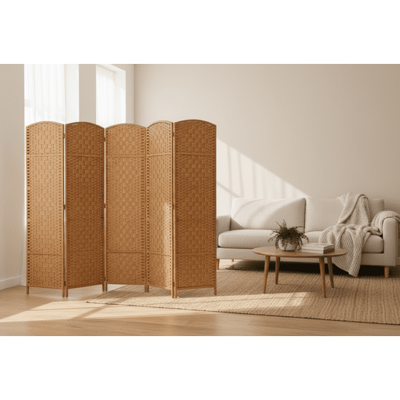 Legacy Decor Room Divider Diamond Weave Fiber 5 Panel Freestanding Natural Color 71" H x 87.5" W