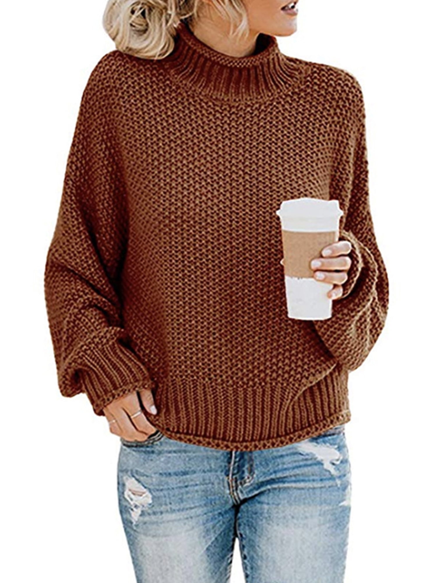 Women's Long Sleeve Sweaters Turtleneck Loose Soft Knitted Casual ...