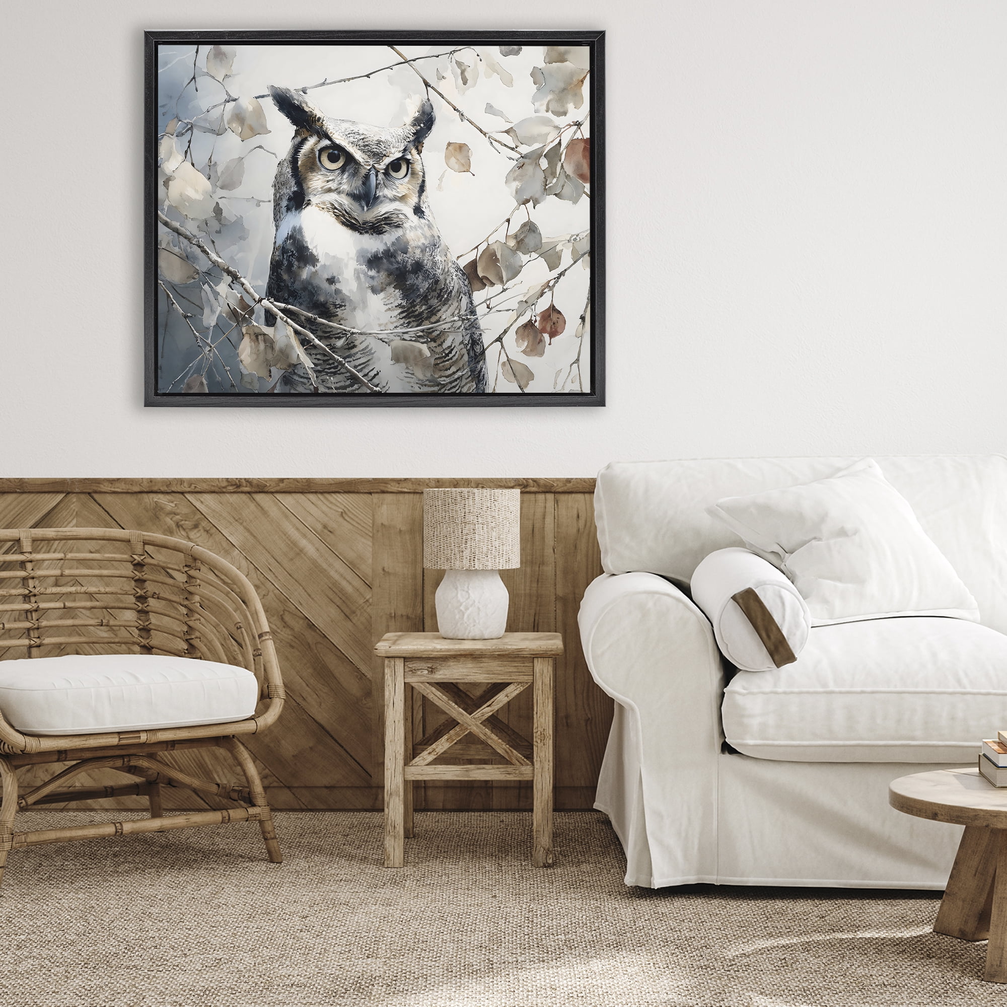 Stupell Industries Horned Owl Perched Black Framed Floater Canvas Wall Art, design by Franklyn Gregory