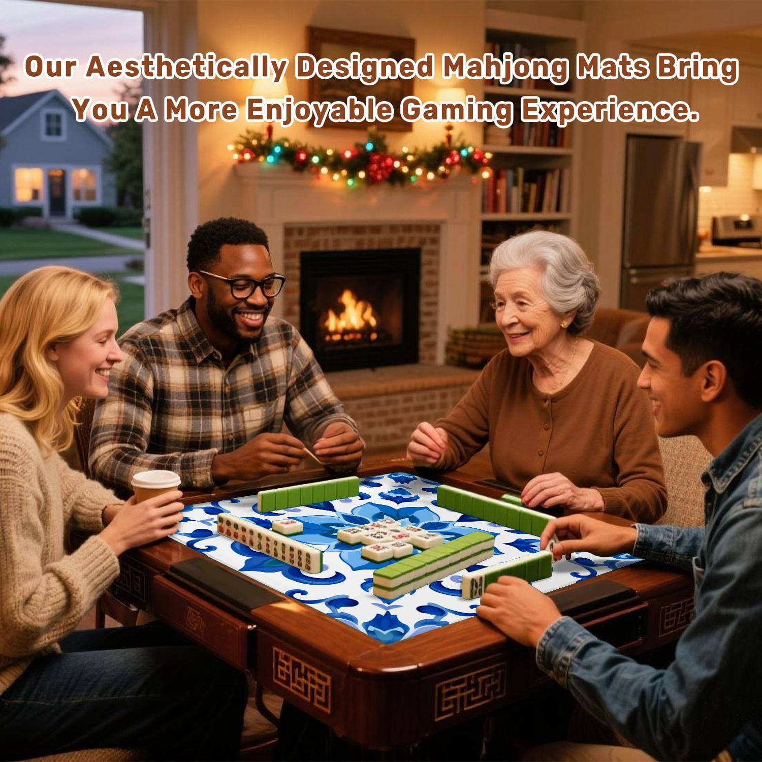 Mahjong Mat 31.5" x 31.5" Blue Floral Ceramic Tile Symmetrical Design Non-Slip Noise Reduction American Mahjong Tiles Table Cover for Dominoes Poker Card Board Games Gift
