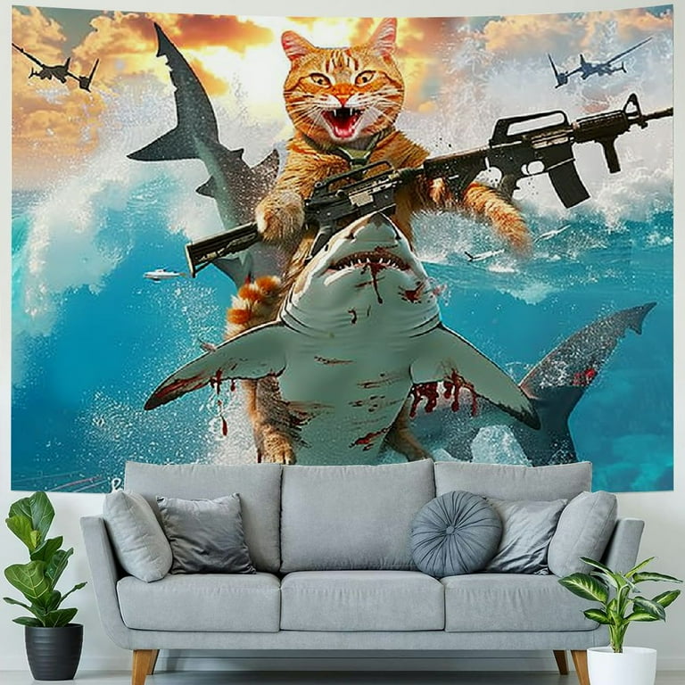 BCIIG Funny Cat Tapestry Hilarious Cat Riding Cool Shark at Ocean Wave Tapestry Wall Decor Japanese Kanagawa Wave Anime Art Tapestry for Bedroom Aesthet Funny Small Tapestry 40x60inch Walmart