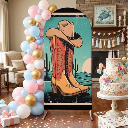 Western Cowboy Arch Backdrop Covers 5 FT Cartoon Cowboy Boots Hats Tropical Cactus Sunset Teal Stretchy Fitted Arched Stand Covers Party Arch Stand Cover Photo Booth for Wedding Birthday Decor