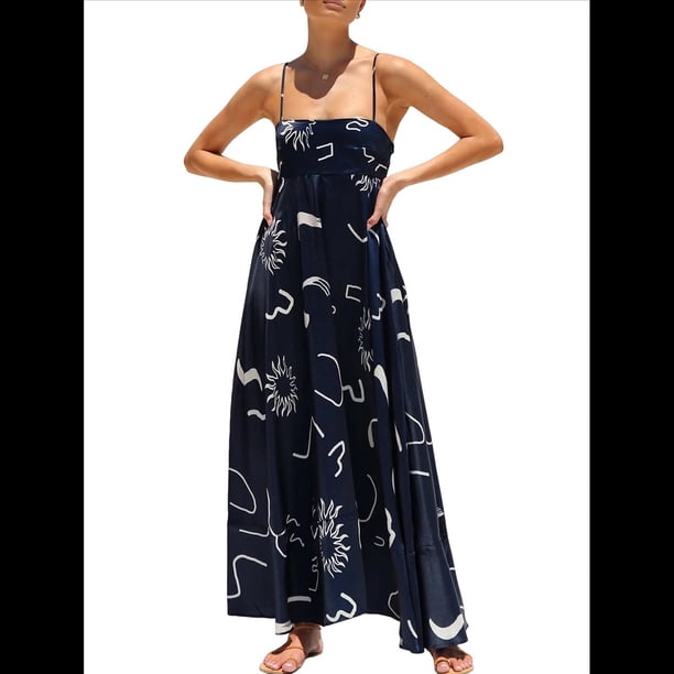 Vestido Maxi Estampado para Mujer, con Tirantes Finos, Floral, Estilo Bohemio, Fluido, para Playa y Vacaciones de Verano. Azul Oculto XXL