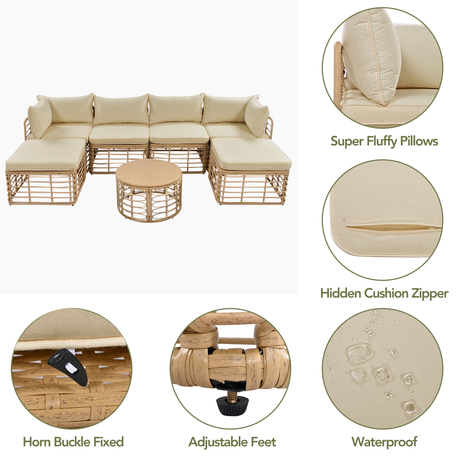 Leumius 7 Pieces Outdoor Patio Furniture Set,All-Weather Rattan Sectional Sofa Set with Thick Cushions and Pillows,Freely Combined Outdoor Conversation Sets for Garden,Backyard,Balcony,Brown