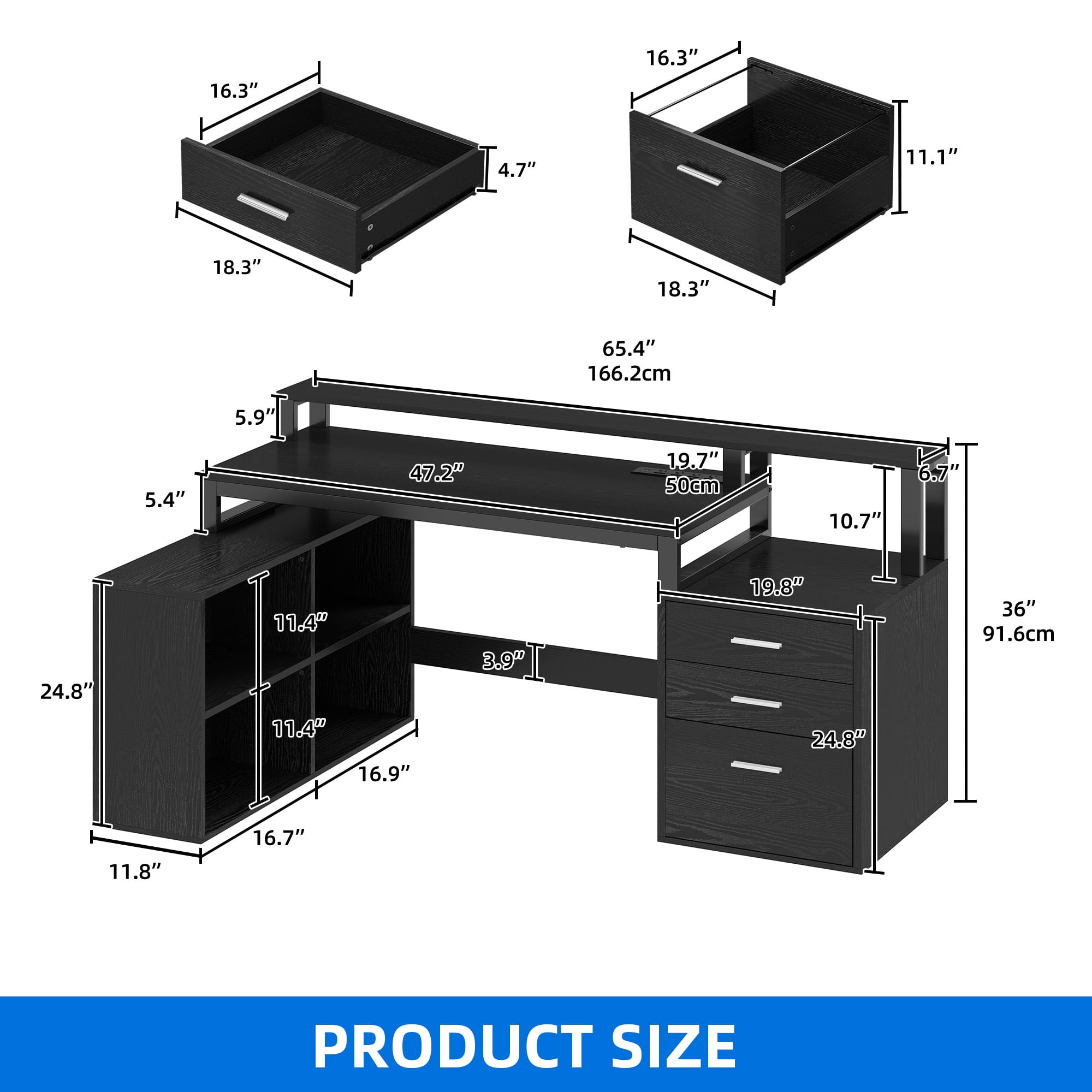 Dextrus L Shaped Desk with LED Light & Power Outlets, Corner Computer Desk with Drawers & Open Storage Shelves, Black