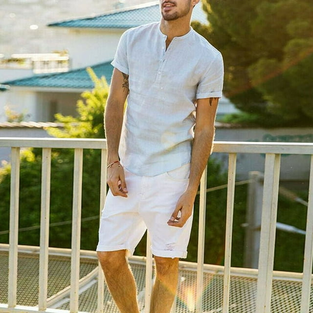 T-shirt d'Été à Manches Courtes en Lin Col en V Ample pour Hommes