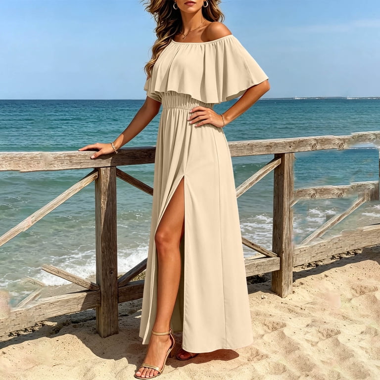 a line summer wedding guest dresses Qunyiney Short Sleeve Womens Summer Wedding Guest Dresses Formal Elegant Long Off The Shoulder A Line Dress Ruched Solid Boat Neck Slim Fit with Slit