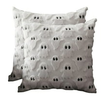 Halloween Ghost White Throw Pillow Cover Set of 2, 18 x 18 Inch Soft Plush Faux Fur Jacquard Spooky Cushion Case Decoration for Sofa Couch