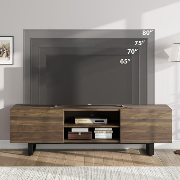Luku Industrial TV Stand for 80 Inch TV, Modern Walnut Entertainment Center with 2 Drawers & Open Storage