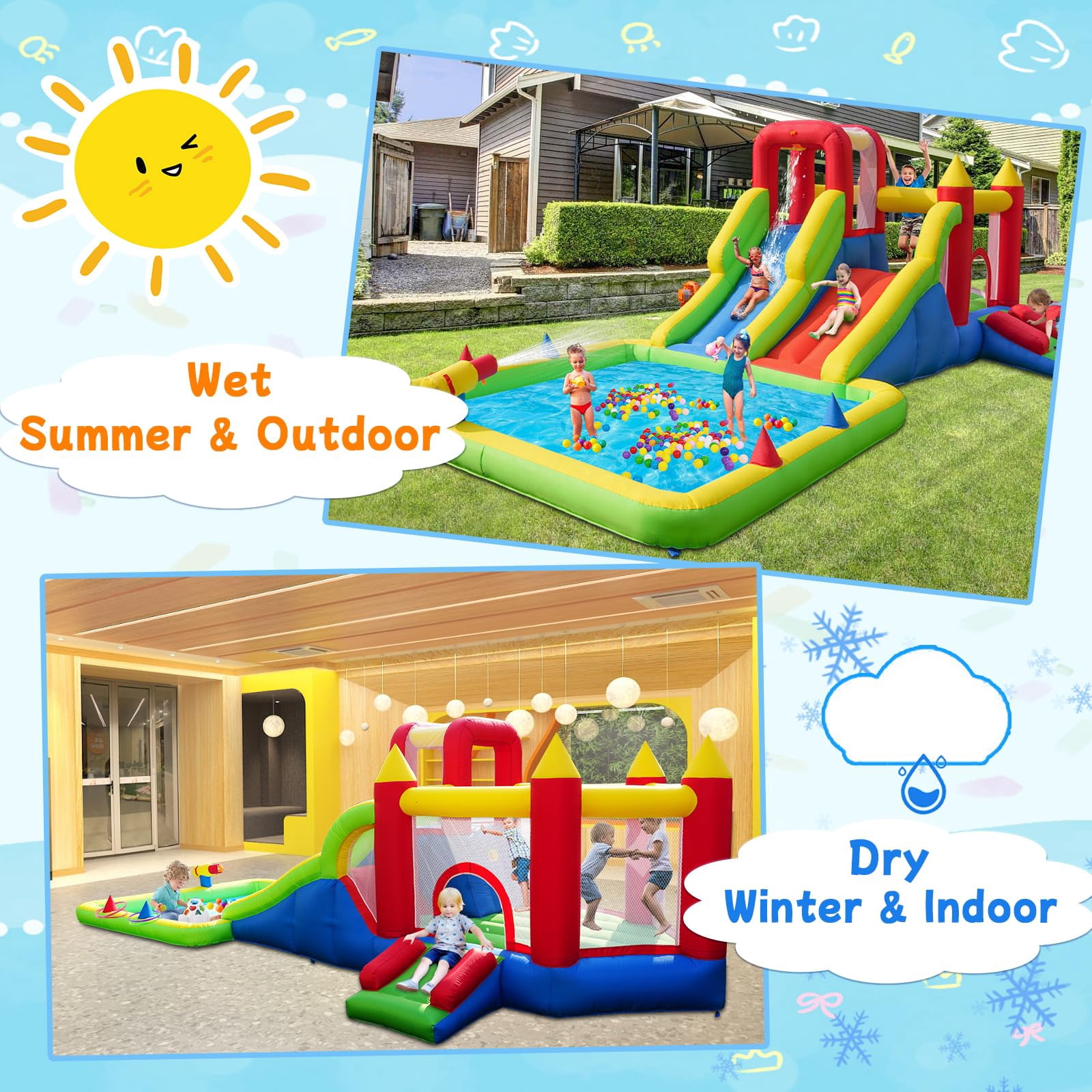 10-in-1 Inflatable Water Park Giant Backyard Play Center with 2 Slides