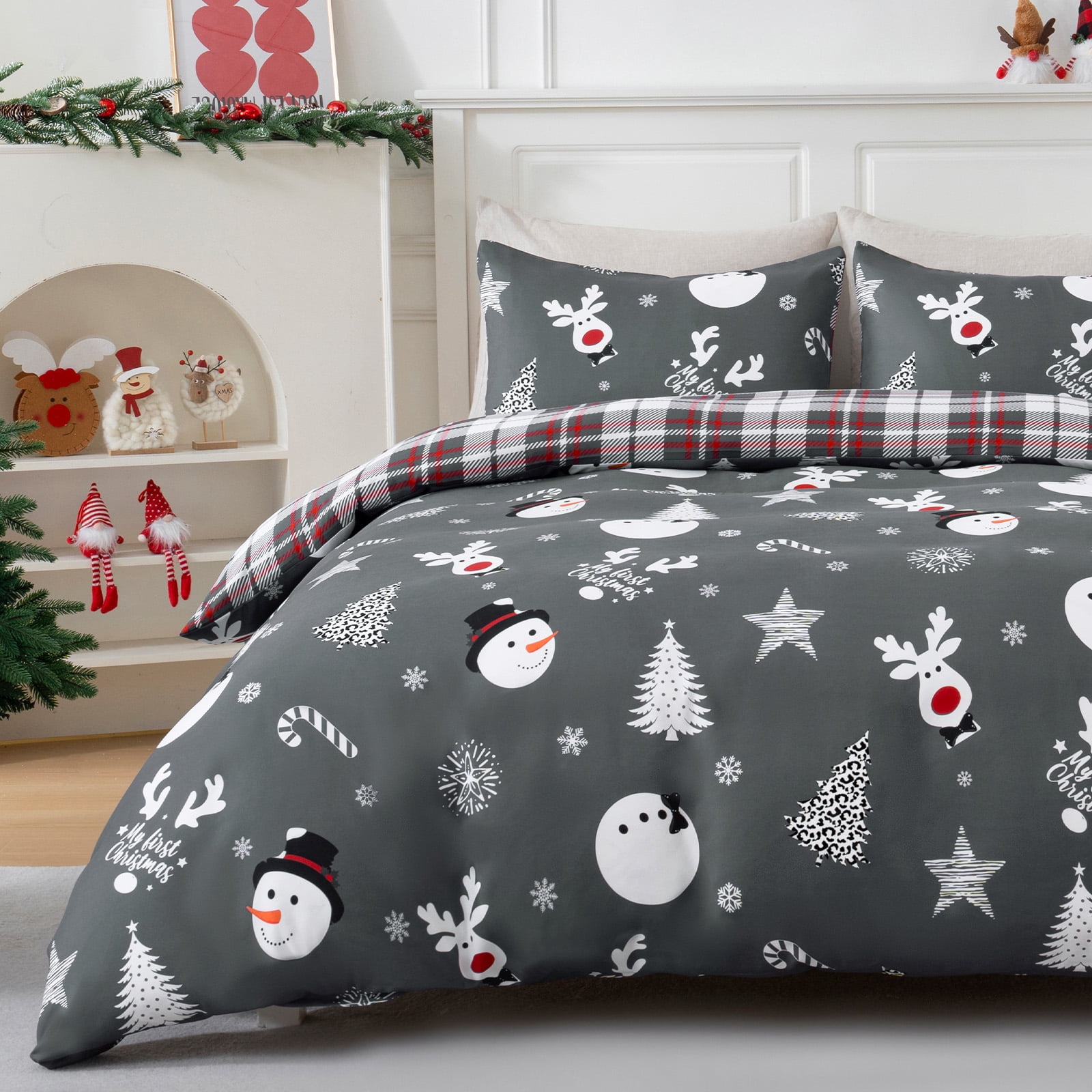 BLEUM CADE Christmas Duvet Cover Set Snowman Plaid 3 Piece Bedding Set for Double Bed 1 Duvet Cover, 2 Pillow Cover