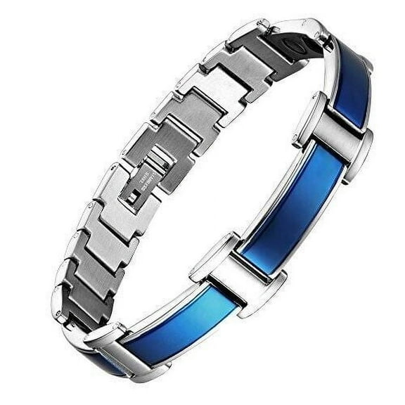 8.5" Mens Blue Titanium Magnetic Bracelet Blue & Silver Link Design and Fancy Box.