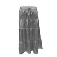 thumbnail image 4 of Women Satin Maxi Skirt 2025 High Waisted Elastic Tiered A-Line Swing Party Cocktail Skirt Flowy Flared Ruffle Hem Elegant Boho Formal Midi Skirt Dressy Evening Attire Fall Wedding Guest Outfit, 4 of 5