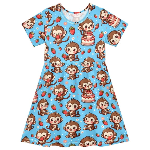joogoo Cute Monkey and Strawberry Girls' Short Sleeve Dress Kids Dresses 5-6T