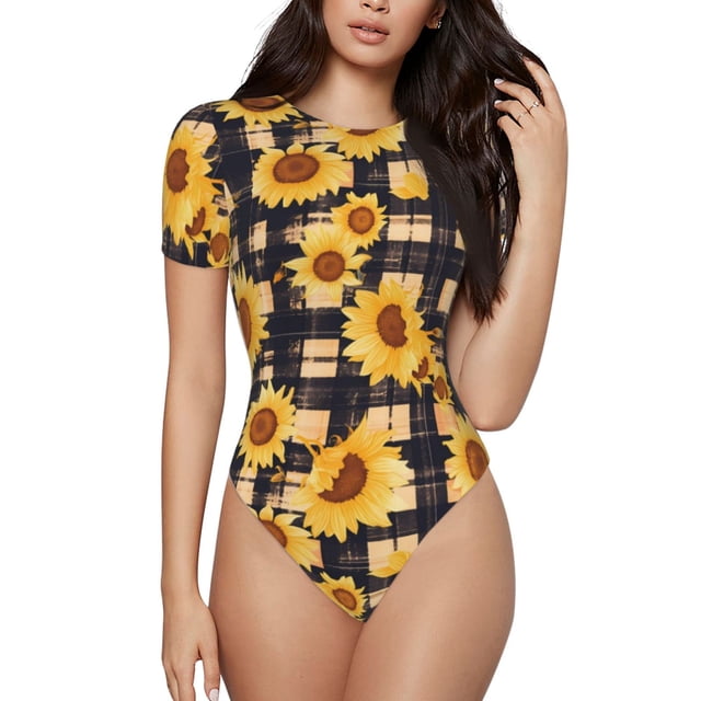 Fotbe Vintage Black White Plaid Sunflowe Body de Mujer con Cuello Redondo y Mangas Cortas, Sin Mangas Ajustado, Suave, Cómodo y Básico-Large