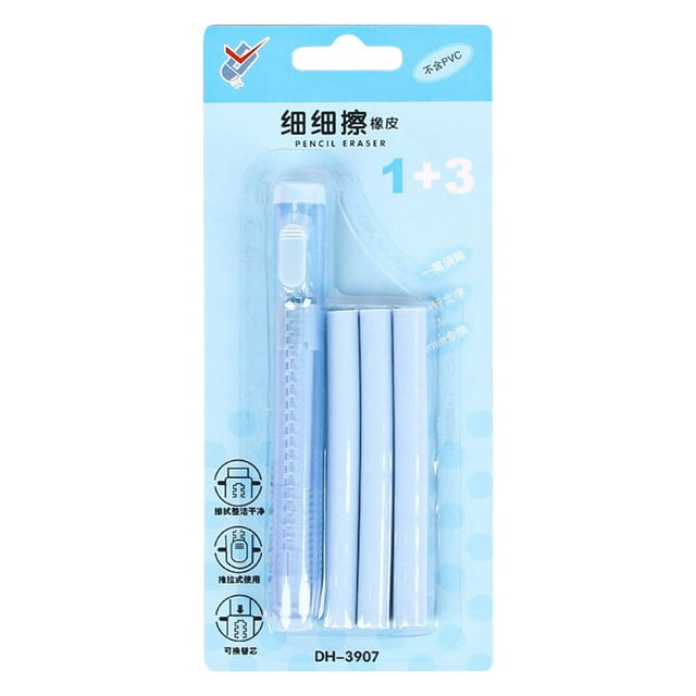 Cosmug Mechanical Pen-Style Retractable Eraser - 0.3" Refillable Rubber Tip for Precision Erasing, Creative School Stationery Tool for Artists Draftsmen Students (2-Pack with Extra Refills), Blue