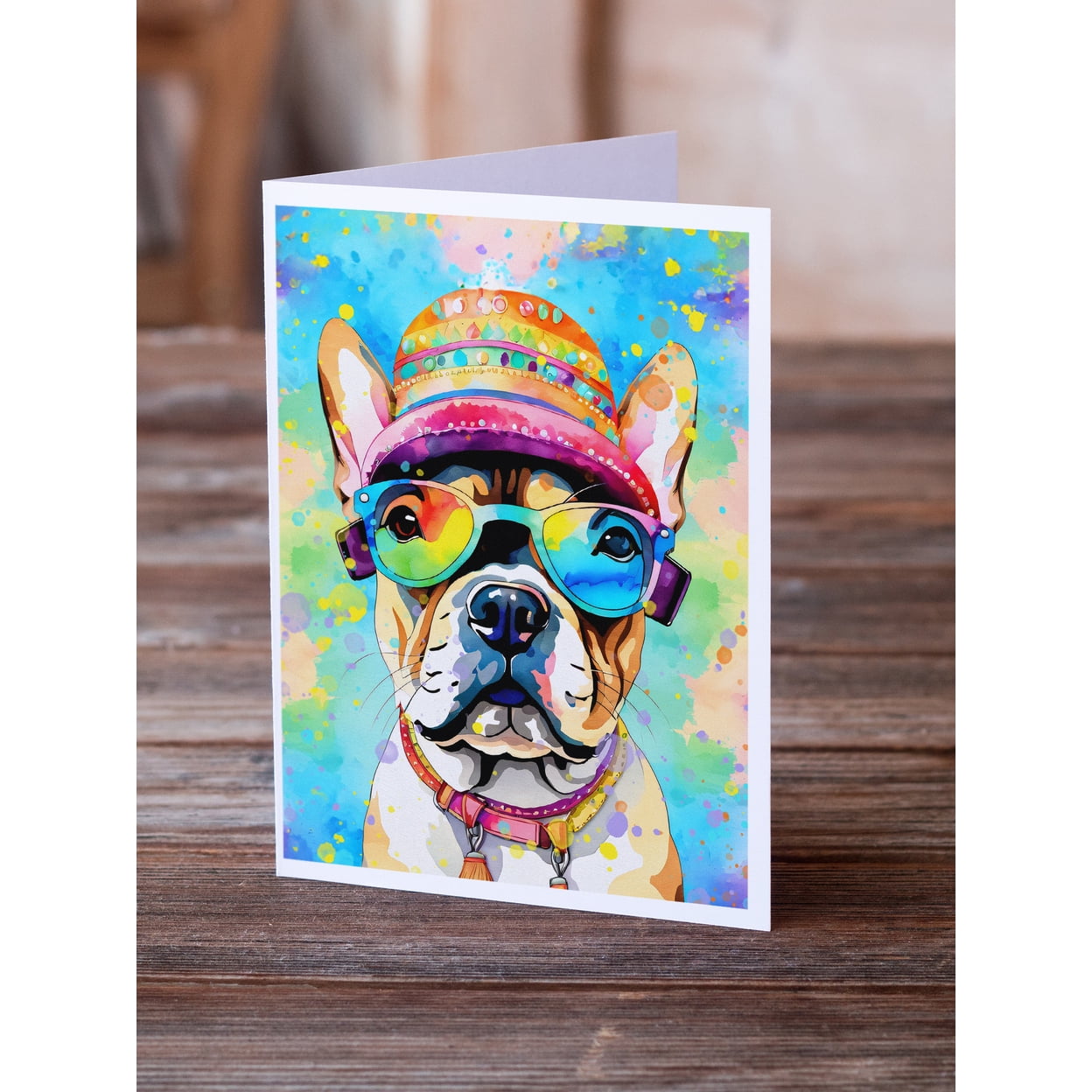 French Bulldog Hippie Dawg Greeting Cards Pack of 8 7 in x 5 in