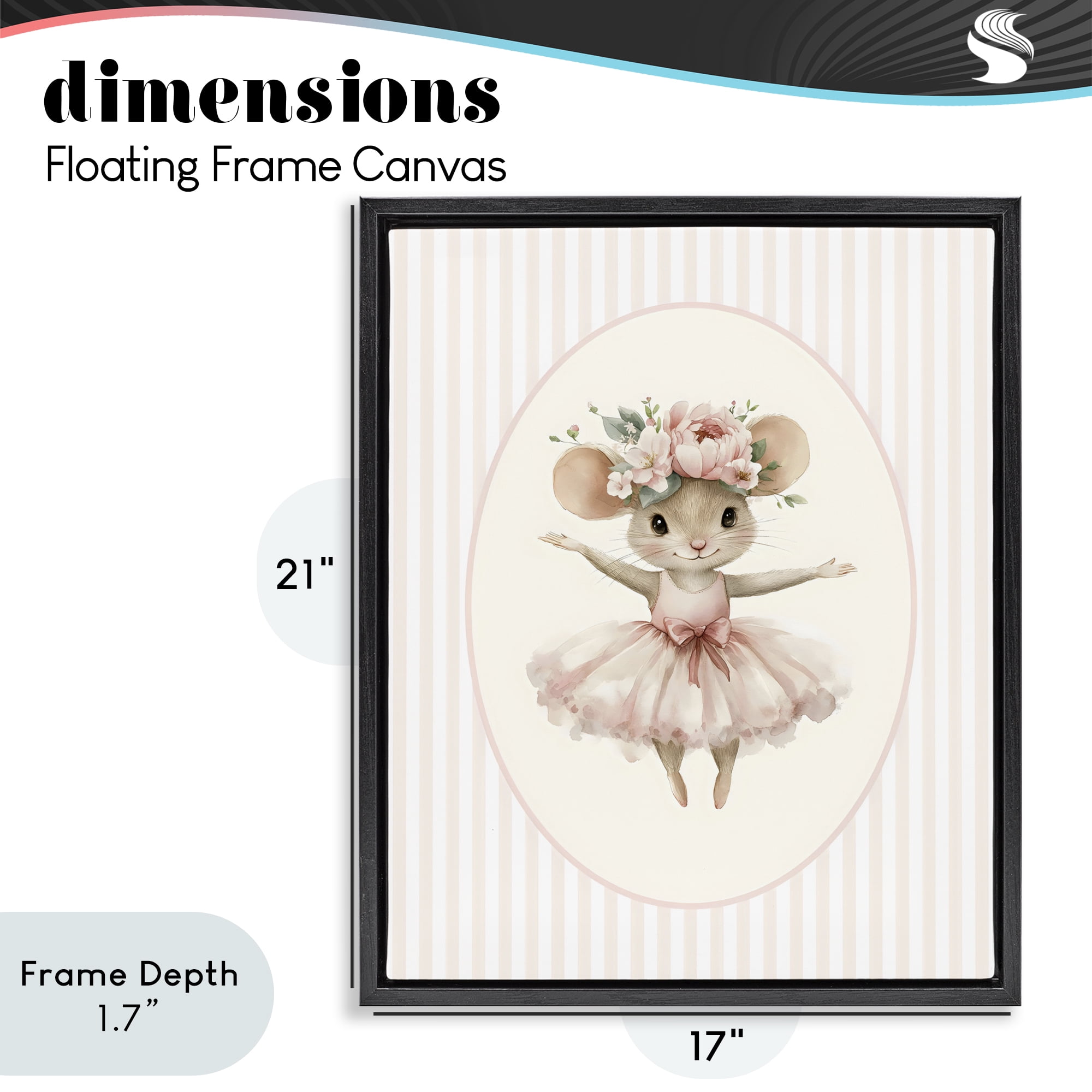 Stupell Industries Nursery Ballerina Mouse Striped Black Framed Floater Canvas Wall Art, design by LSR Design Studio