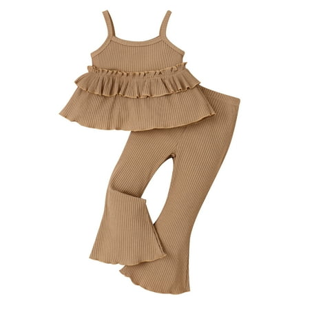 

GWAABD Spring Clothes for Girls Brown Cotton Blend Summer Toddler Girls Sleeveless Solid Color Ruffles Tops Pants Two Piece Outfits Set for Kids Clothes 100
