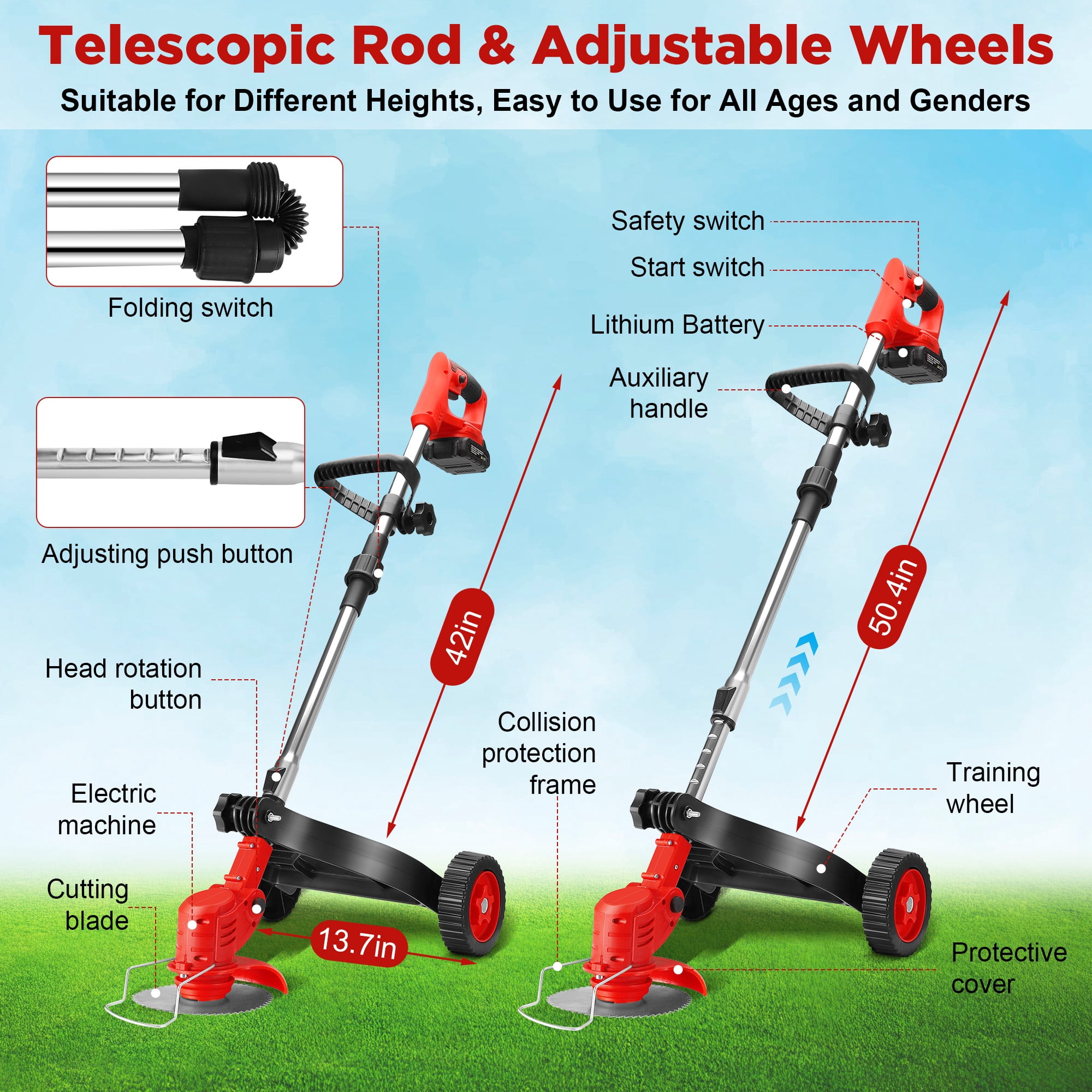 RELOIVE Weed Eater,Cordless Weed Trimmer,Electric Weed Wacker, with 2PCS 4000mAh Batteries and Charger, 6-in-1 String Trimmer with Wheels, 43.3''-53.1'' Adjustable for Garden Yard