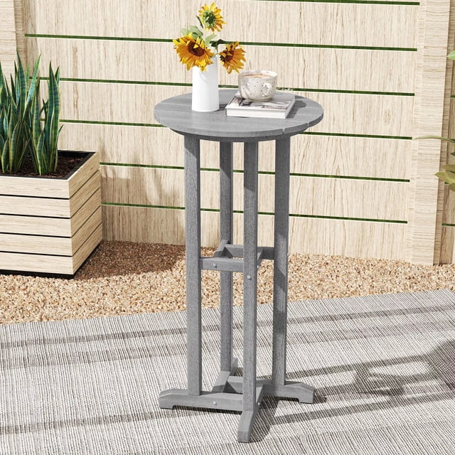 Harmijoy 21.5" Round Bar Table, Patio HDPE Bar Height Dining Table w/ Slatted Tabletop, Outdoor All-Weather High-Top Bistro Table for Poolside, Backyard, Balcony
