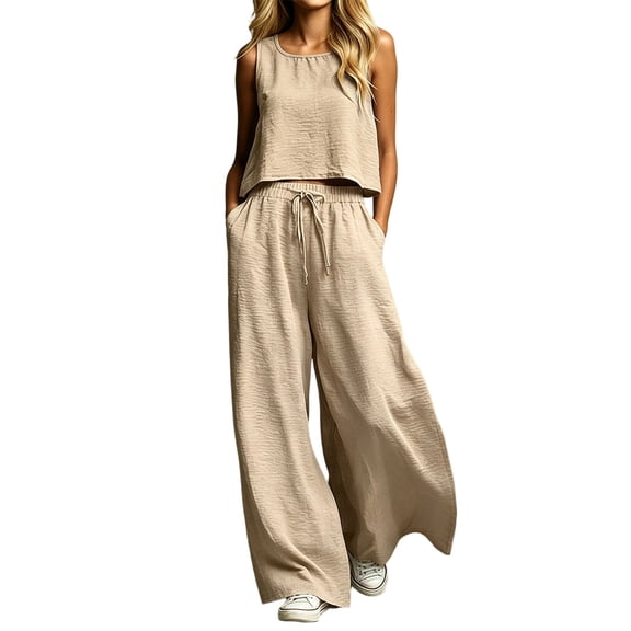 Two Piece Sets for Women Summer Outfits Round-Neck Sleeveless and Long Pants Casual 2PC Sets