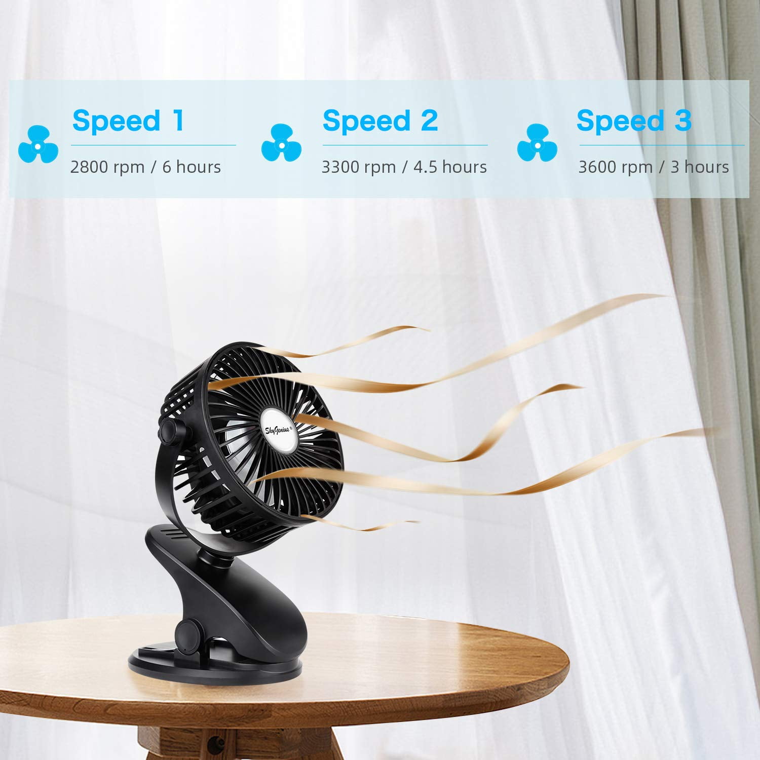 SkyGenius Rechargeable Mini Fan Battery Operated Clip on Desk Fan Baby Stroller Fan, Black