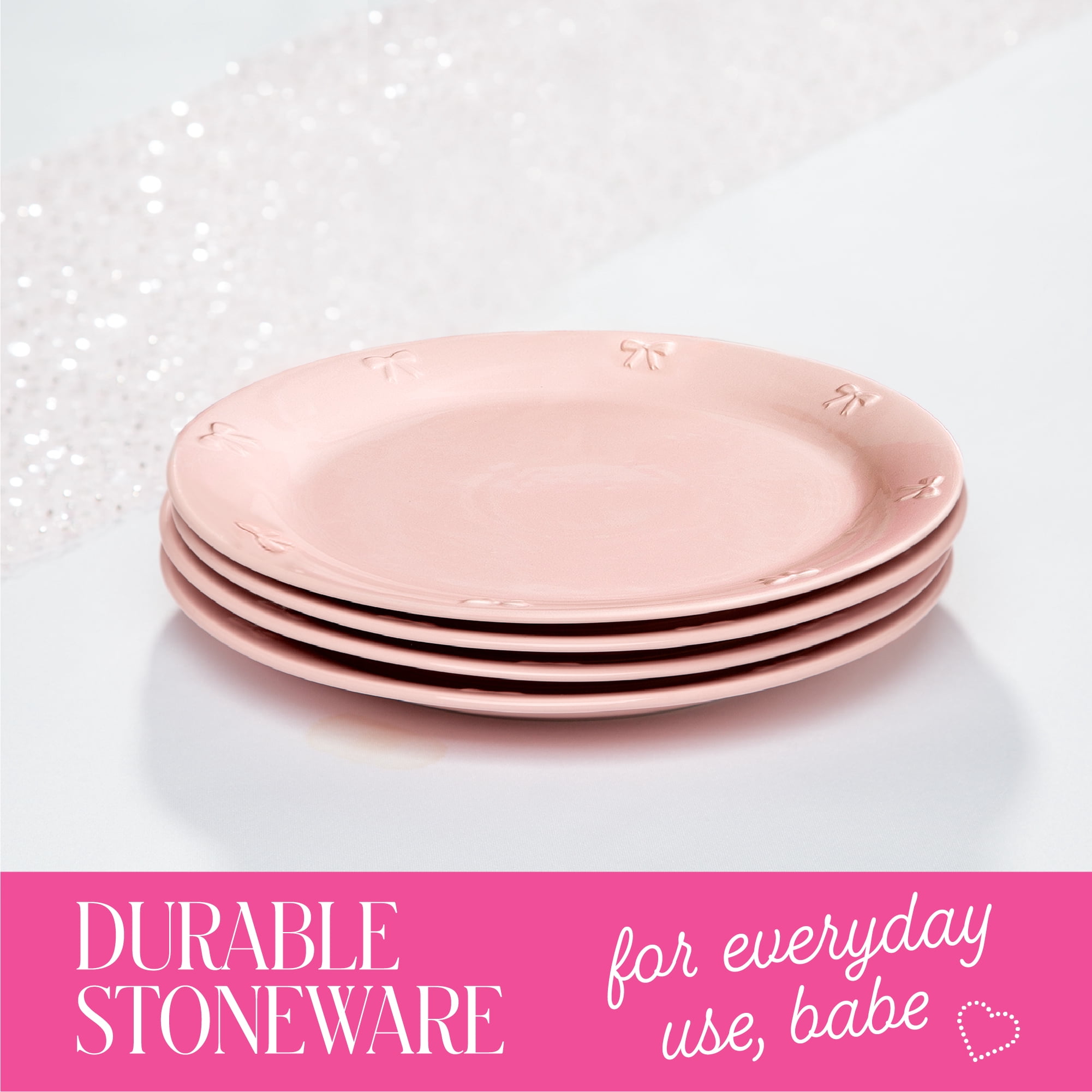 Paris Hilton London Collection Stoneware Salad Plates, Set of 4, Embossed Bow Detailing, 8.5-Inch, Pink