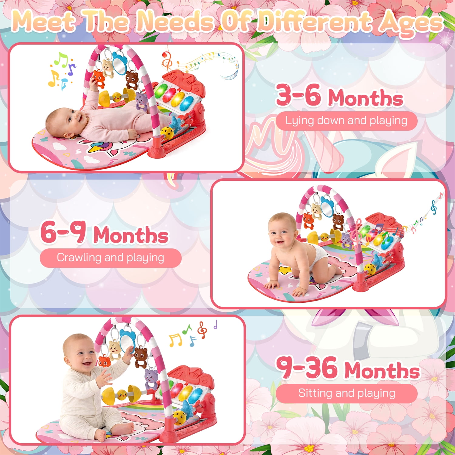 Caunedy Baby Play Mat Gym,Funny Play Piano Tummy Time Activity Mat with 5 Infant Sensory Toys,Music,Boy & Girl Gifts for Newborns 0-12 Months