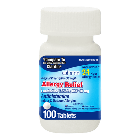 Ohm Loratadine Allergy Relief Tablets, 10 mg Antihistamine, Non-Drowsy 24-Hour Relief for Sneezing & Seasonal Allergies, 100 Count