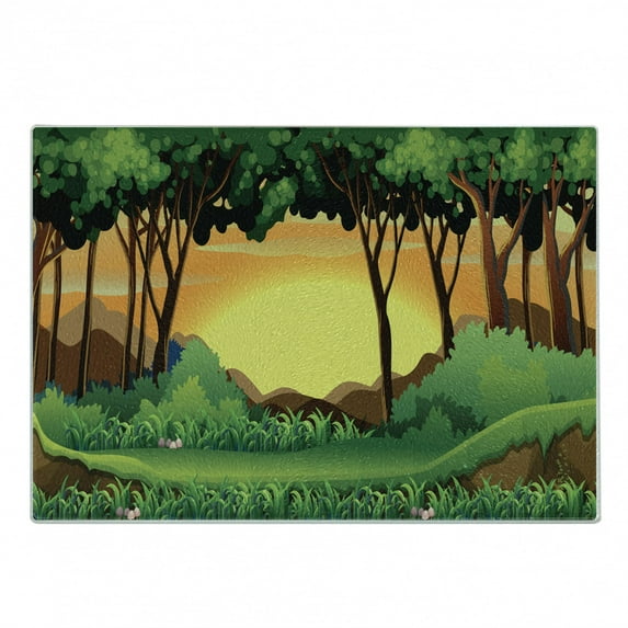 Forest Cutting Board, Cartoon Sunset over Hills Tree Spring Season Inspirations Green Bushes, Decorative Tempered Glass Cutting and Serving Board, Small Size, Green Caramel Yellow, by Ambesonne