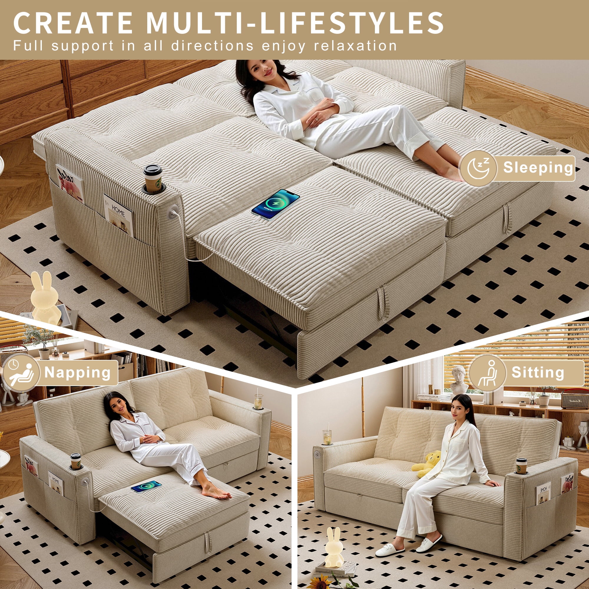 Leumius 73.2" Convertible Corduroy Sofa Bed with Pull Out Bed ,2-in-1 Multi-Functional Sofa Couch with Steel Frame for Living Room,Bedroom,Apartment,Small Spaces,White