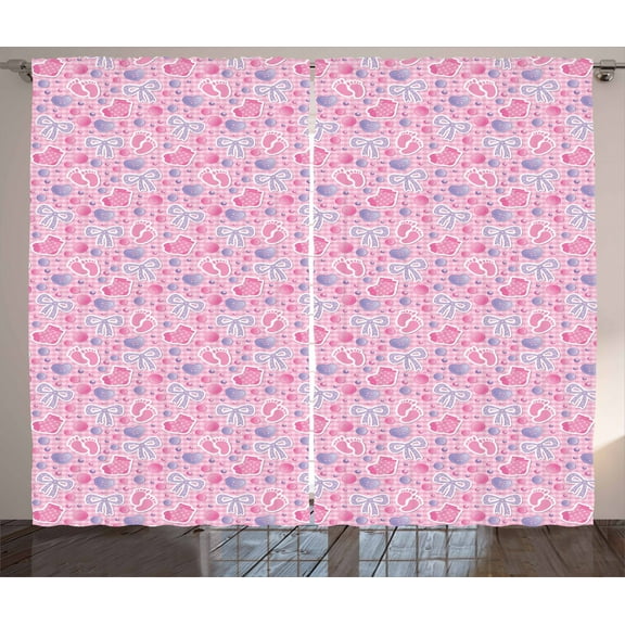 Ambesonne Cartoon Curtains 2 Panel Set, Bows and Buttons Ribbon, 108" x 63", Pale Pink and Mauve