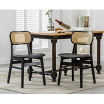 Dayalane Farmhouse Rattan Dining Chairs Set of 2, Mid Century Modern Kitchen Chairs, Faux Leather Cushioned Wooden Side Chairs with Wicker Curved Back for Dining Room Kitchen Lounge, Black