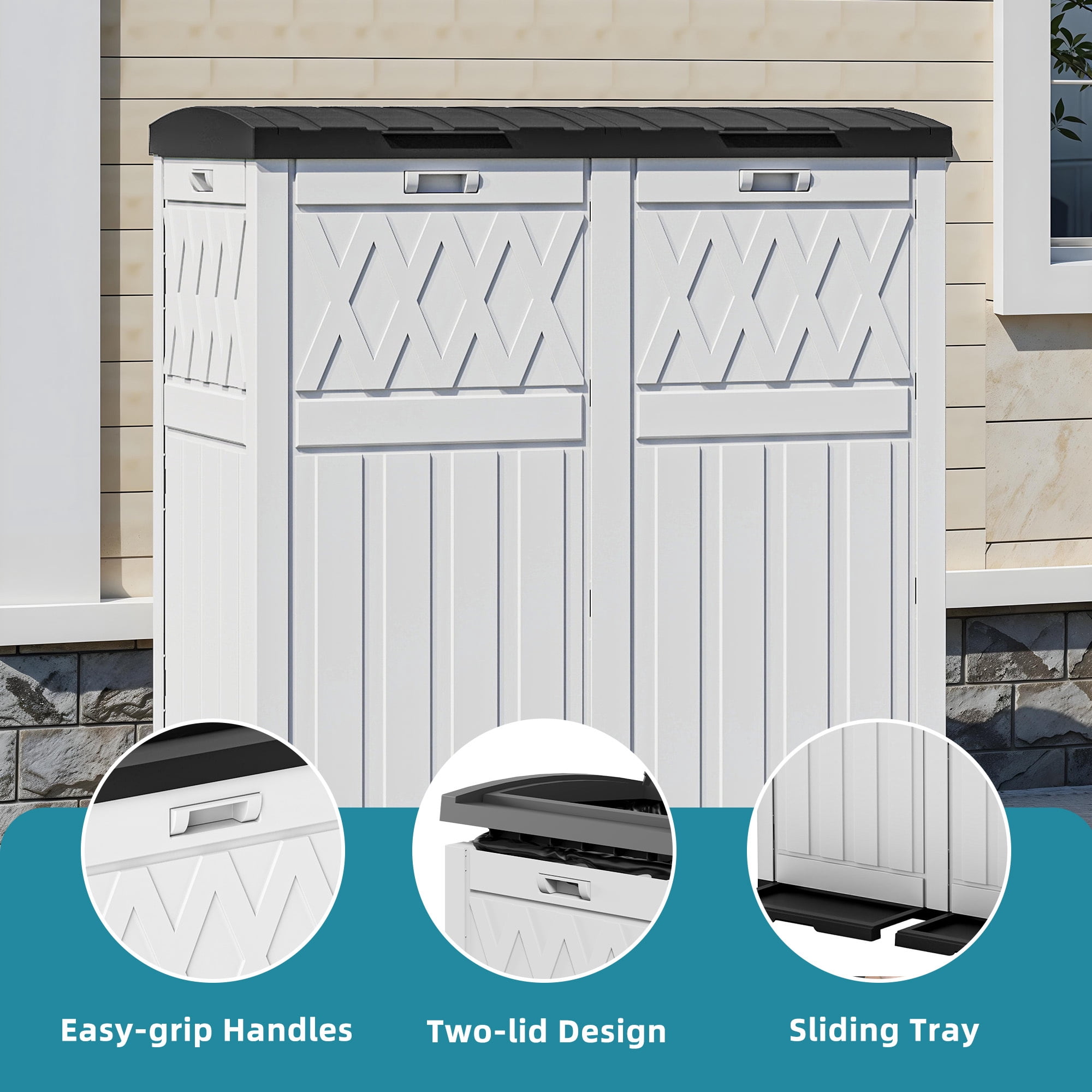 Uforic Double Compartment Outdoor Trash Can, 62 Gallon Waterproof Resin Garbage Bin with Tiered Lid and Drip Tray for Patio Deck Backyard, Black & White