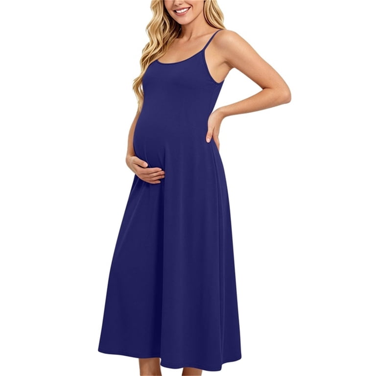navy blue maternity dress for baby shower Maternity Dress Square Neck Sleeveless Smocked Ruffle Sleeve Baby Shower Photoshoot Summer Midi Dresses Navy Blue M