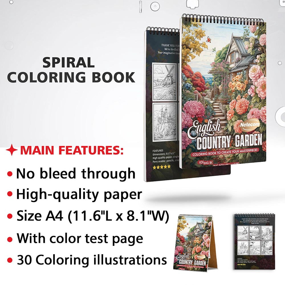 Netecom English Country Garden Coloring Book for Adults, Spiral Bound, Soft Cover