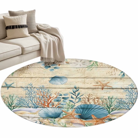 Vintage Beige Coastal Round Area Rugs Collection 4 Summer Beach Starfish Shell Coral Nautical Non Slip Indoor Circular Throw Runner Rug Floor Mat Carpet for Living Room Dining Table Bedroom Nursery