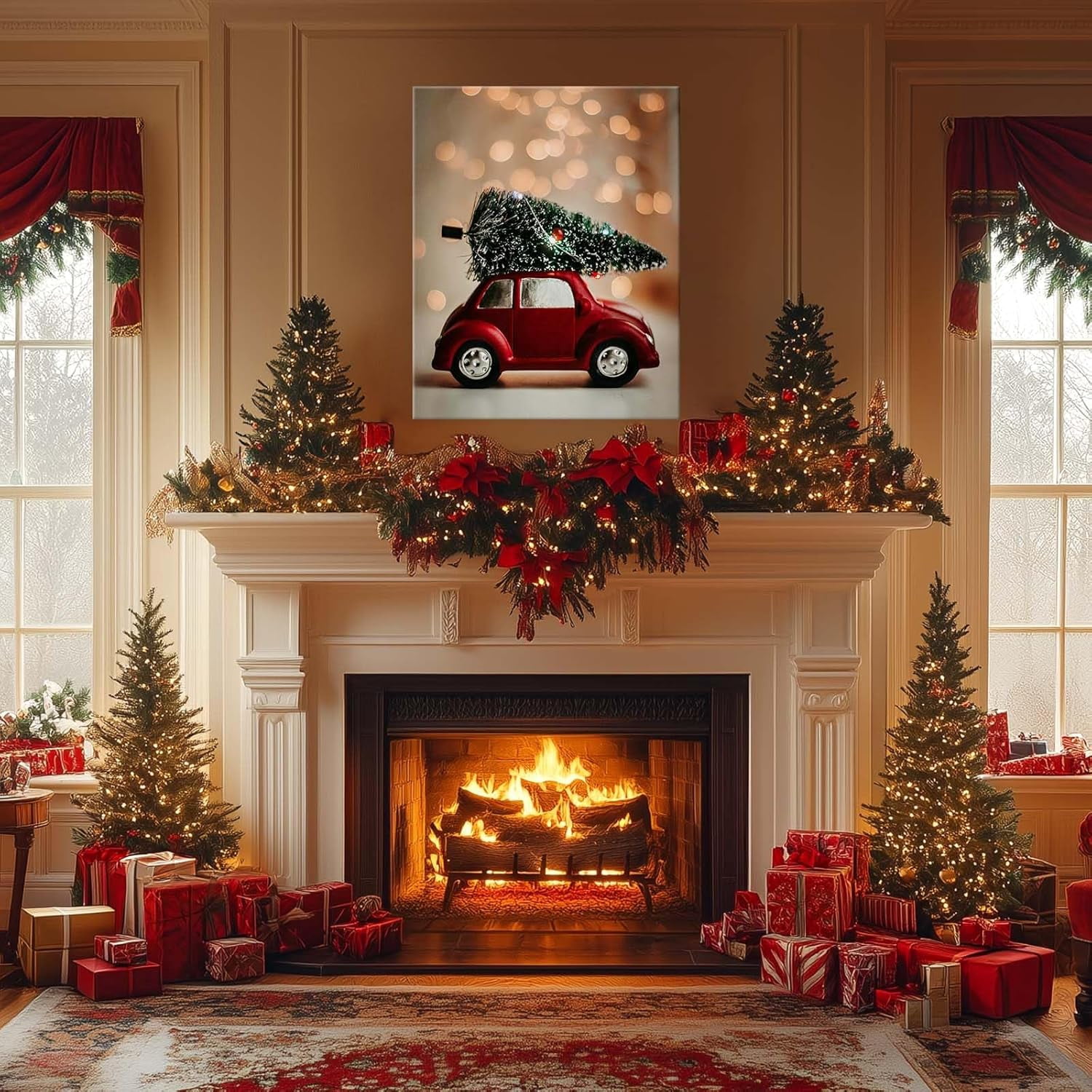 Christmas canvas wall art decor, Red Sedan with Cedar Trees and Lights, Festive Wall Decor for Living Room, Bedroom, Dining Room or Office, Adds Holiday Warmth to Your Home?8X10inch