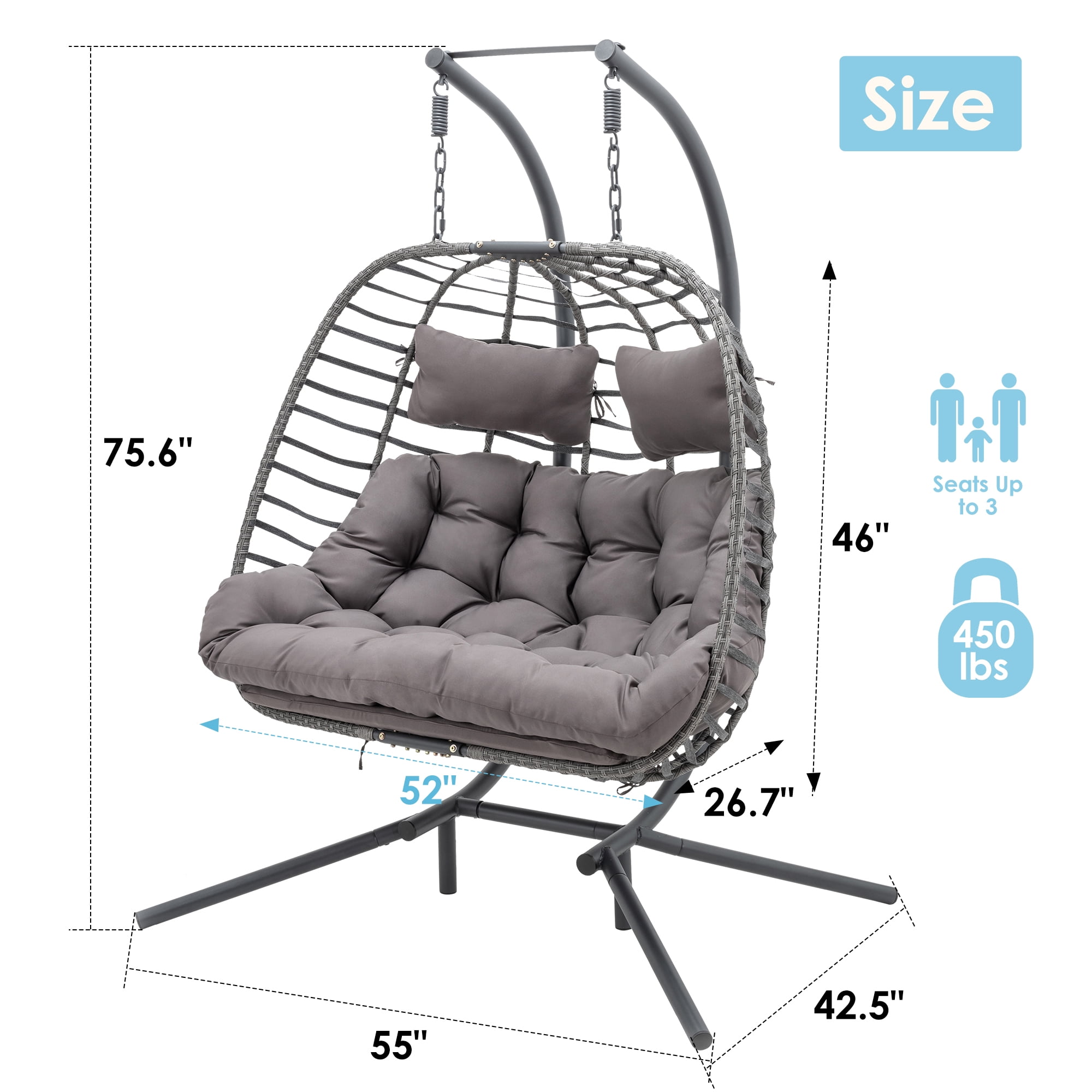 Brafab Double Wicker Swing Egg Chair Hammock Foldable Hanging Loveseat with Stand and Removable Fluffy Cushions, 450LBS Capacity for Bedroom, Balcony, Yard, Dark Grey
