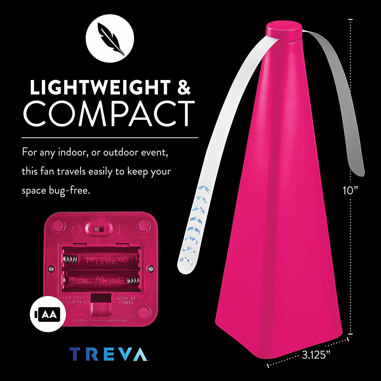 Treva Chemical Free Bug Fan Fly Deterrent with Holographic Blades to Clear Bugs, Mosquitoes, and Flies, Battery Powered Fly Fan - Raspberry, 2 Pack