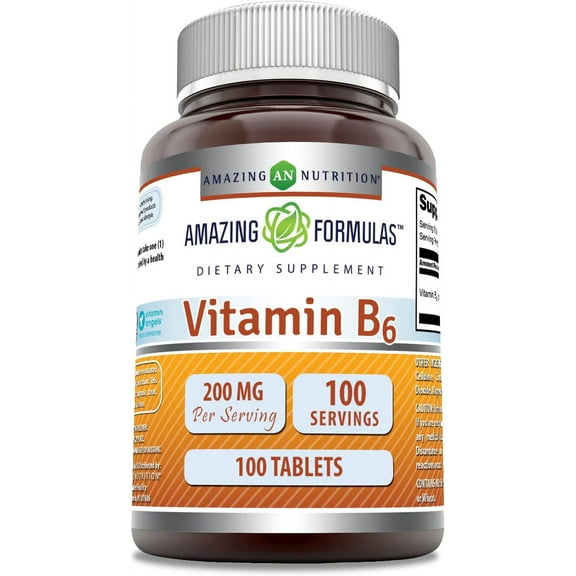 Amazing Formulas Vitamin B6 Pyridoxine 200mg Per Serving 100 Tablets Supplement | Non-GMO | Gluten Free | Made in USA