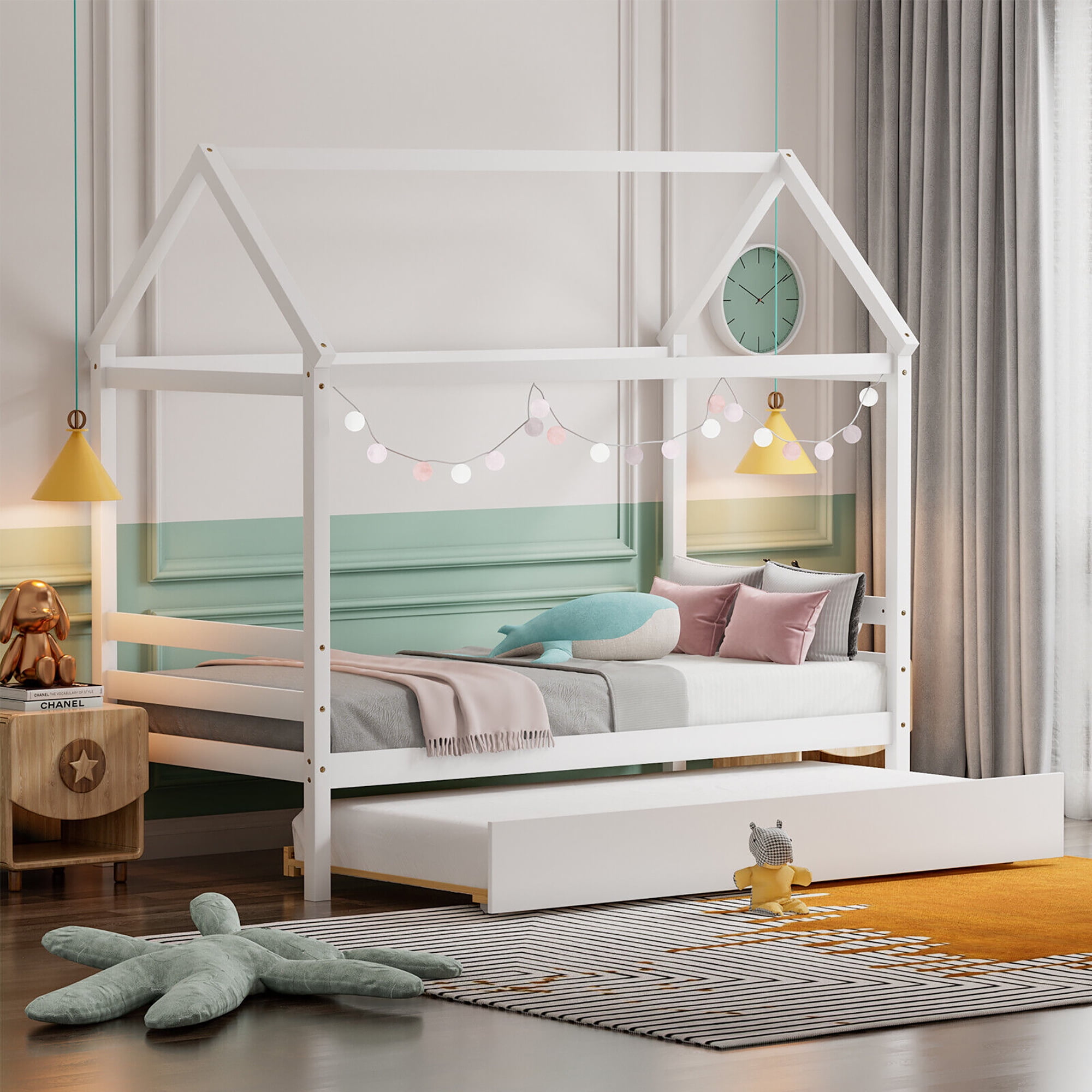 Gymax Twin House Bed Frame w Trundle Roof Wooden Platform Mattress Foundation White