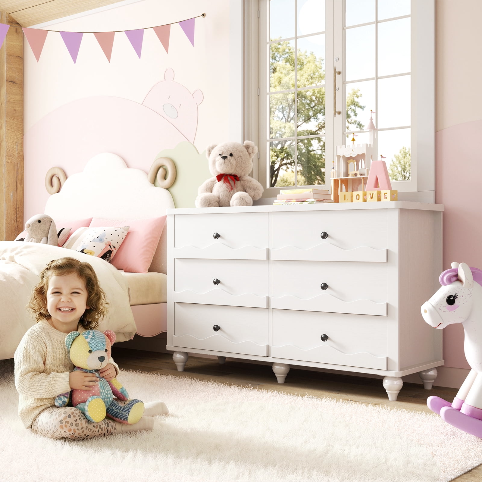Homieasy 6-Drawer Dresser for Bedroom - 43" Modern Chest of Drawers with Scalloped Front, Storage Organizer for Living Room, Hallway & Entryway,White
