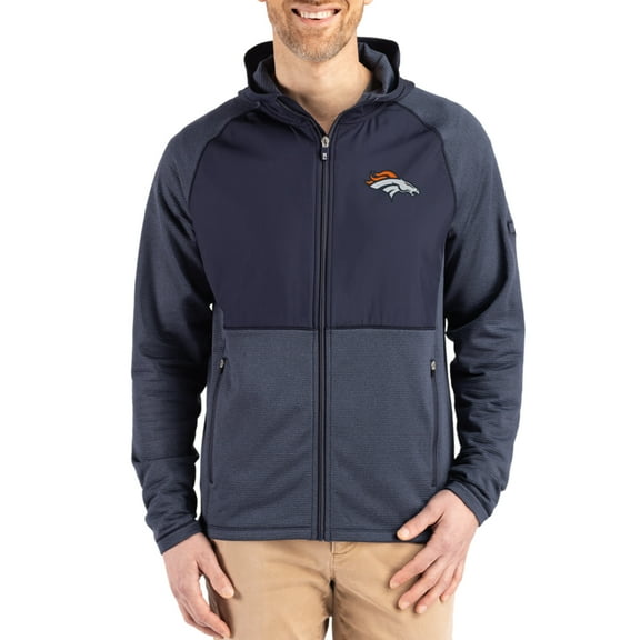 Men's Cutter & Buck Heather Navy Denver Broncos Peshastin Eco Fleece Recycled Raglan Full-Zip Tri-Blend Hybrid Jacket