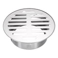 thumbnail image 1 of Tapa de desagüe de piso 5" x 3.9" (110 boca plana), 1 pieza de coladores de drenaje redondos de acero inoxidable 304 anti-obstrucción para exteriores, baño, cocina, lavabo, paisajismo, plateado, 1 of 6
