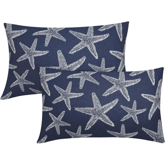 Navy Blue Starfish Ocean Lumbar Pillow Covers 12X20 Inch Summer Nautical Coastal Beach Decorative Pillow Cases Set of 2 Cotton Linen Throw Pillows Seasonal Home Decor For Sofa Couch Cushion Outdoor