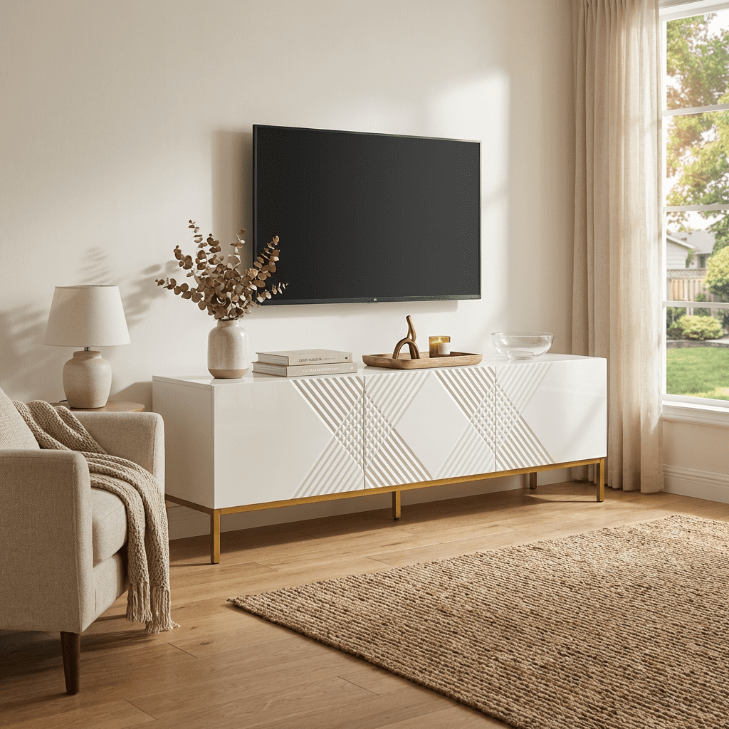 Exito 01 TV Stand for TVs up to 85", Mid-Century Modern High Gloss 75" Entertainment Center, TV Media Console with Storage Cabinets