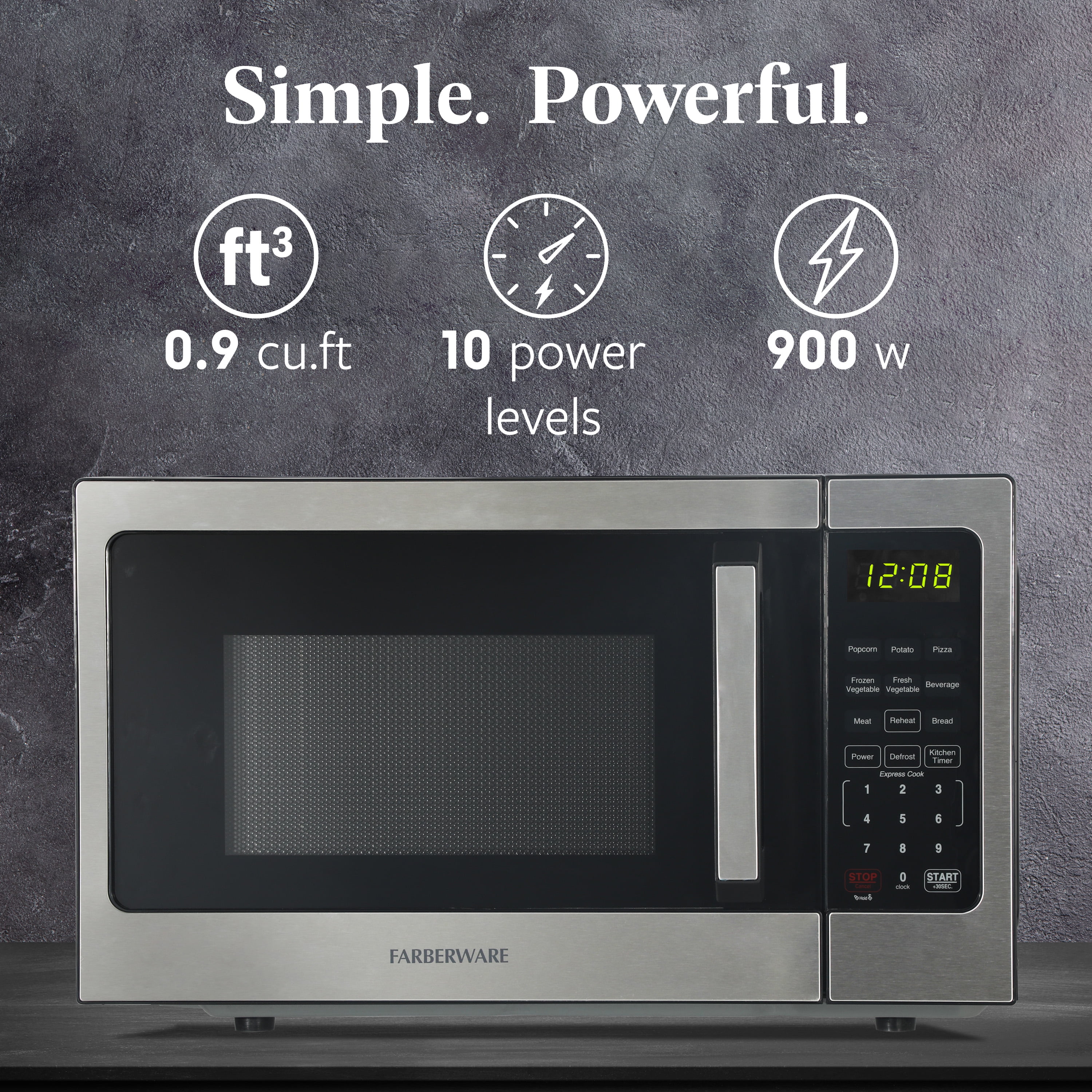 Farberware 0.9 cu ft Microwave Oven, 900W Countertop Microwave Oven with 8 Auto Cook Settings with Handle, Stainless Steel