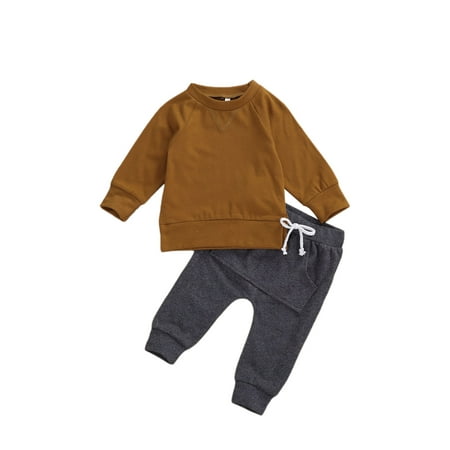 

Qtinghua Infant Baby Boy 2Pcs Fall Outfits Long Sleeve Sweatshirt Pullover Tops Striped Drawstring Pants Clothes Yellow 18-24 Months